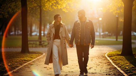 Young couple walking in the park at sunset. Love, relationship and dating concept.の素材