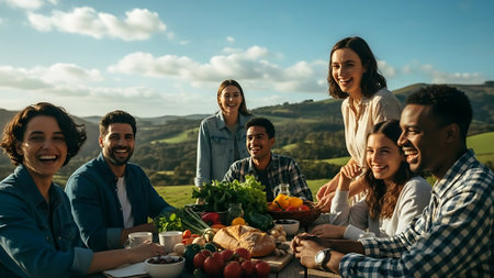 Group of friends having a picnic on a hilltop in the countrysideの素材