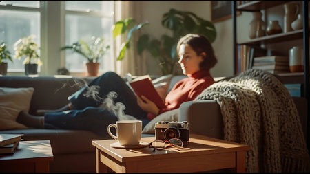 Young woman reading book and drinking coffee while sitting on sofa at homeの素材