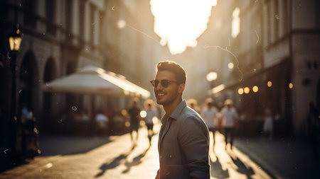 Portrait of a handsome young man walking in the city at sunsetの素材