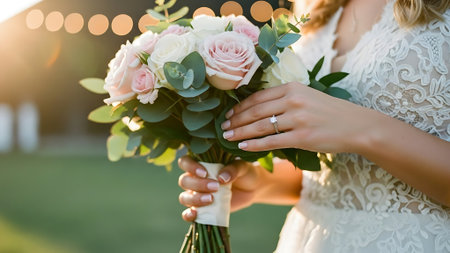 Beautiful wedding bouquet in hands of the bride, close-upの素材