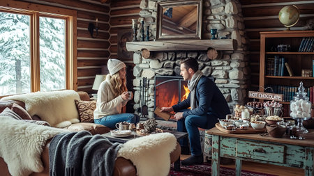 Couple in love sitting in front of fireplace and drinking tea.の素材