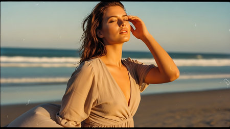 Beautiful young woman in beige dress on the beach at sunsetの素材