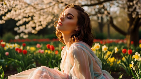 Beautiful woman in blooming garden. Spring flowers. Beauty, fashion.の素材