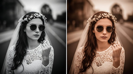 Portrait of a beautiful young bride with long curly hair in a white dress and sunglasses on the street.の素材