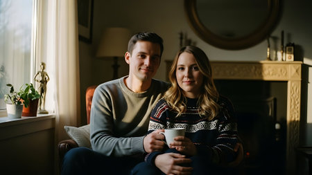 Young couple sitting on sofa in living room and drinking coffee at homeの素材
