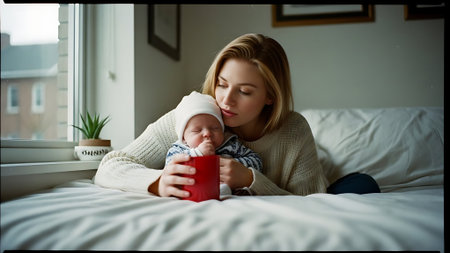 Young mother with her newborn baby at home, drinking tea or milkの素材