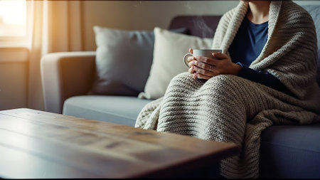 Cropped image of woman sitting on sofa and holding cup of coffeeの素材