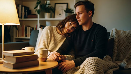 Couple in love sitting on sofa at home and drinking coffee. Young man and woman looking at each other.の素材
