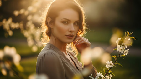 Beautiful young woman in a blooming spring garden. Beauty, fashion.の素材