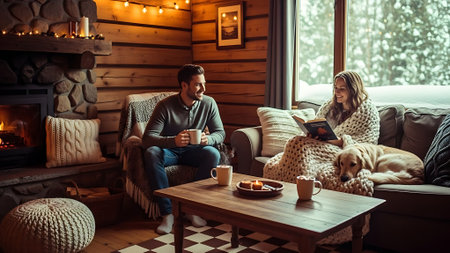 Young couple reading book and drinking tea in cozy living room at homeの素材