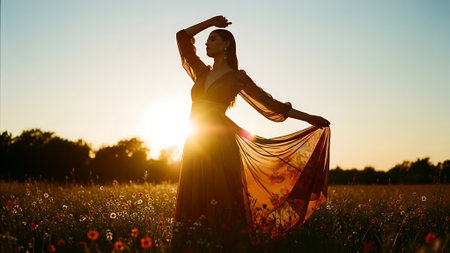 Beautiful young woman in a dress on a meadow at sunsetの素材
