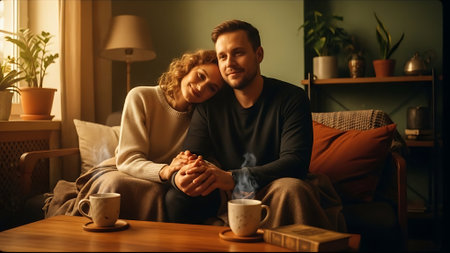 Happy young couple drinking coffee at home. Man and woman sitting on sofa and hugging.の素材