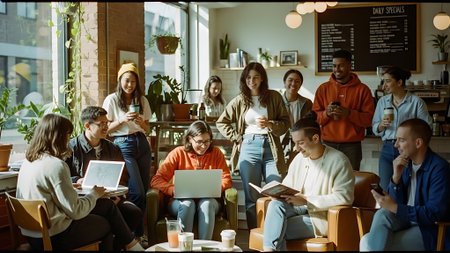 Group of young multiethnic people sitting in cafe and drinking coffeeの素材