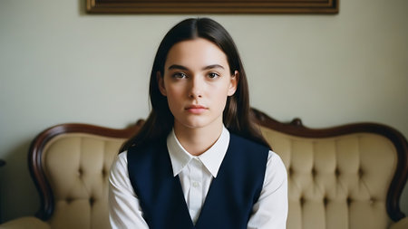 Portrait of a beautiful young brunette girl in a business suit.の素材