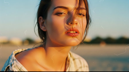portrait of a beautiful young girl on the beach at sunset.の素材