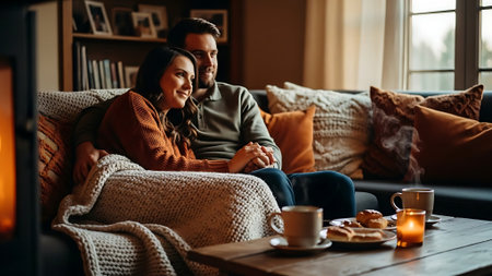 Happy young couple sitting on sofa in front of fireplace at home and looking at each otherの素材