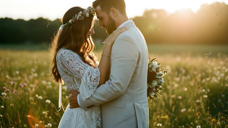 Beautiful bride and groom embracing and kissing in the field at sunsetの素材