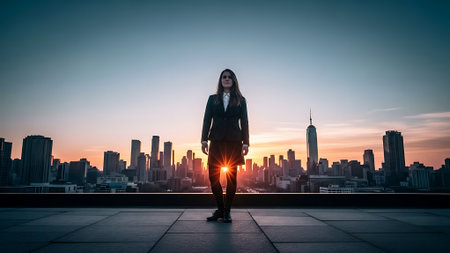 Young businesswoman standing on the rooftop of a skyscraper and looking at the sunsetの素材
