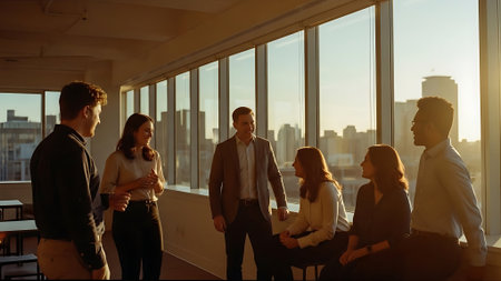 Group of young business people discussing business plan  in the office.の素材