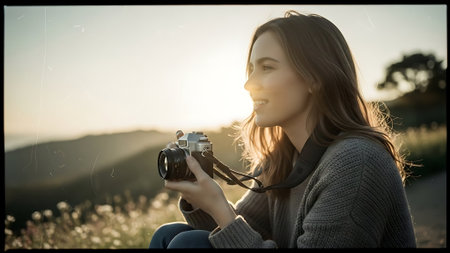 Young woman taking photos with vintage camera at sunset in the mountains.の素材