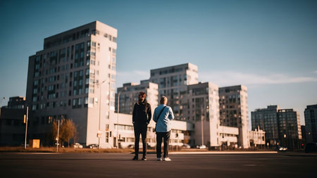 Young couple in love walking in the city. Blurred background.の素材