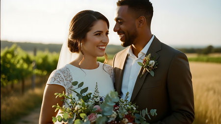Portrait of happy bride and groom embracing in the vineyard.の素材