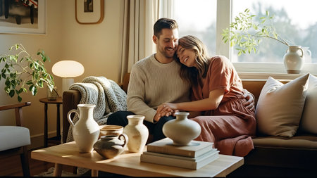 Happy young couple sitting on sofa in living room and hugging each otherの素材