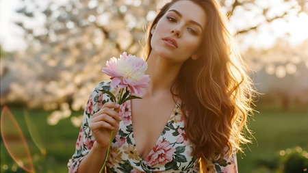 Portrait of a beautiful young woman with a bouquet of flowers in her hands.の素材