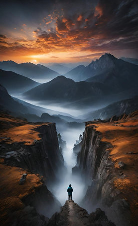 Deep canyon filled with clouds illuminated by sunrise light.の素材