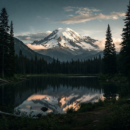 Still mountain lake reflecting a snow-capped peak and forest.の素材