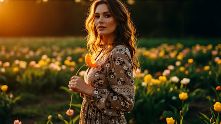 Beautiful young woman with tulip flowers in the field at sunsetの素材