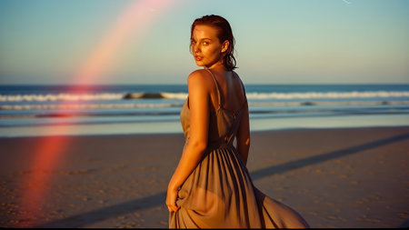 Beautiful girl in a long dress on the beach at sunset.の素材