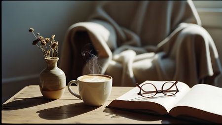 Coffee cup, glasses and book on wooden table in roomの素材