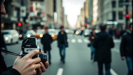 Photographer taking picture of city street with blurred people walking in backgroundの素材