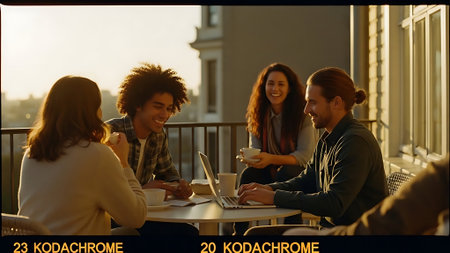 Multiethnic group of young people having a coffee break in a cafeの素材