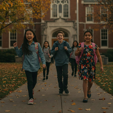 Group of happy elementary school students having fun at the campus of a universityの素材