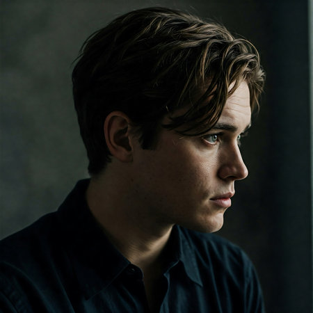 Cinematic close-up portrait of a young man in dramatic low lightingの素材