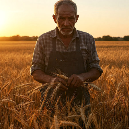 Rural portrait of a farmer standing among tall wheat cropsの素材