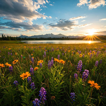 Peaceful meadow filled with wildflowers at sunset, glowing with warm golden-hour light.の素材
