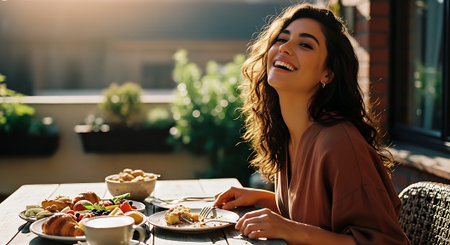 A happy woman enjoying a meal on a sunny outdoor patio tableの素材