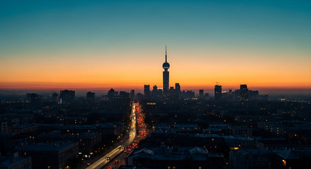 Aerial view of a cityscape at sunset with a prominent towerの素材