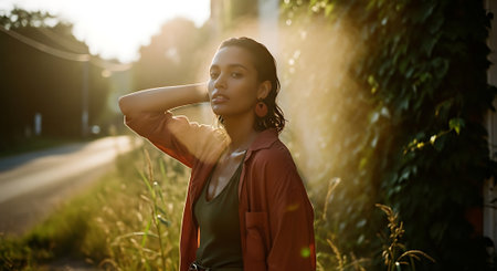 A young woman standing confidently on a serene roadside during sunsetの素材