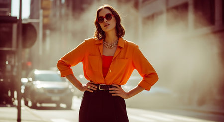 A confident woman standing on a city street with her hands on her hipsの素材