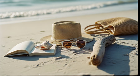 A serene beach scene with a straw hat, sunglasses, and a bookの素材
