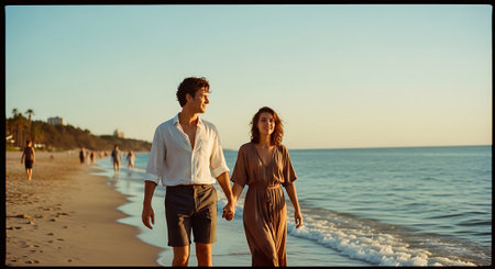 A happy couple walking hand in hand on a beautiful sandy beachの素材