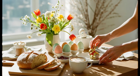 A woman preparing a delicious Easter breakfast with flowers and eggsの素材