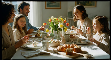 A happy family enjoying a meal together at a dining tableの素材