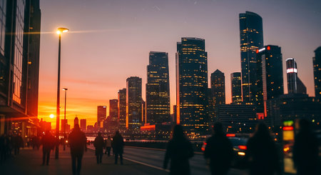 A bustling city street at sunset with people walking and tall buildingsの素材