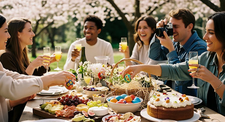 A group of friends enjoying a festive outdoor meal together in springの素材